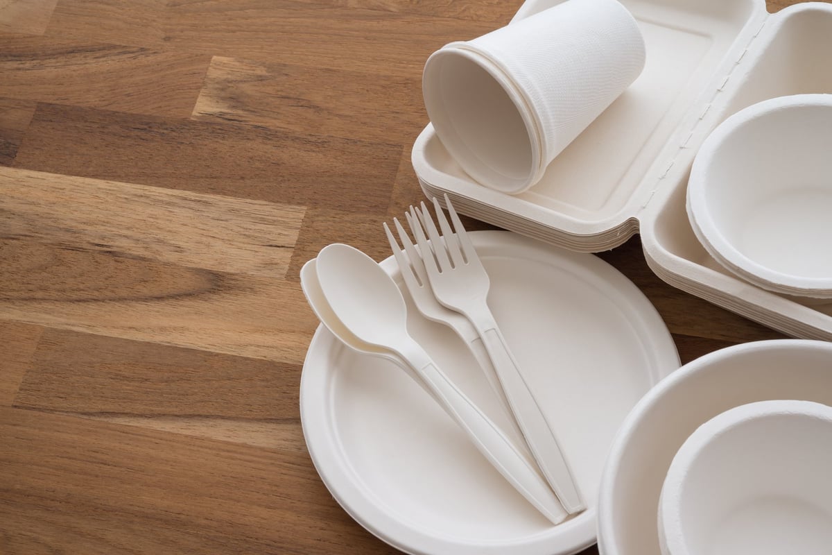 Natural eco-friendly disposable utensils fork, spoon, dish plate, bowl, cup and food container made of fiber of bagasse and bamboo on wooden table background with copy space.