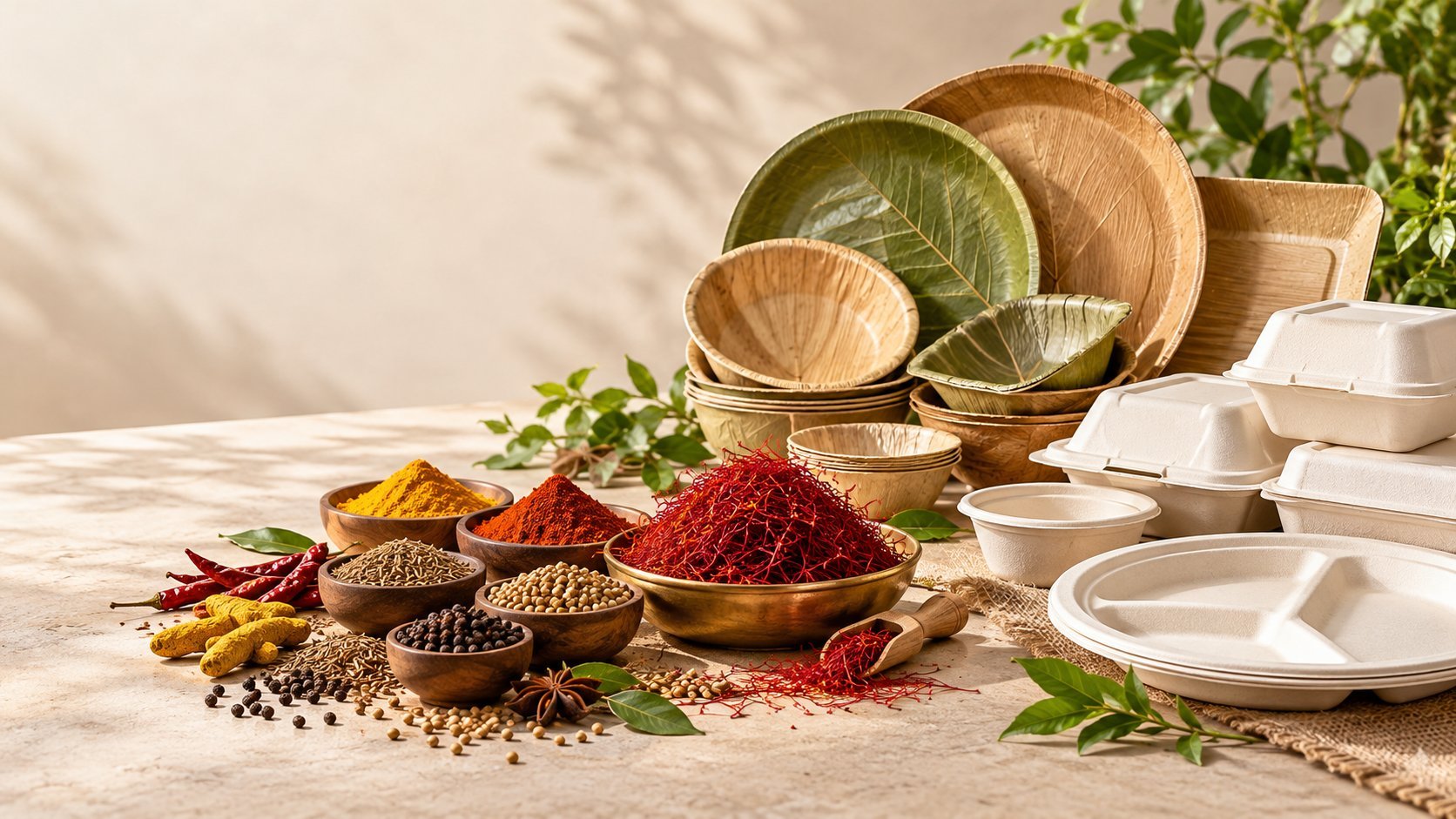 Eco-friendly disposable tableware with wooden and compostable plates, bowls, utensils, spices, and fresh green herbs on a light surface