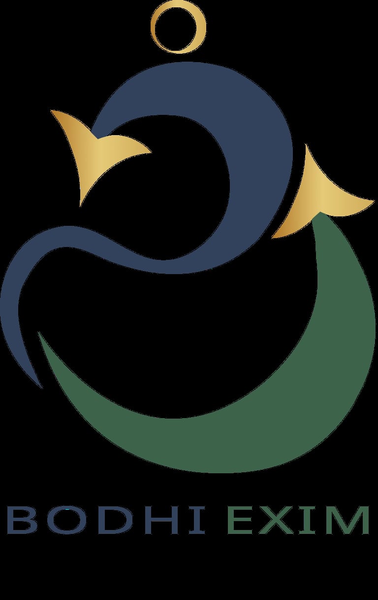 Bodhi Exim logo featuring an abstract Om symbol in blue, gold, and green with a small ring above it